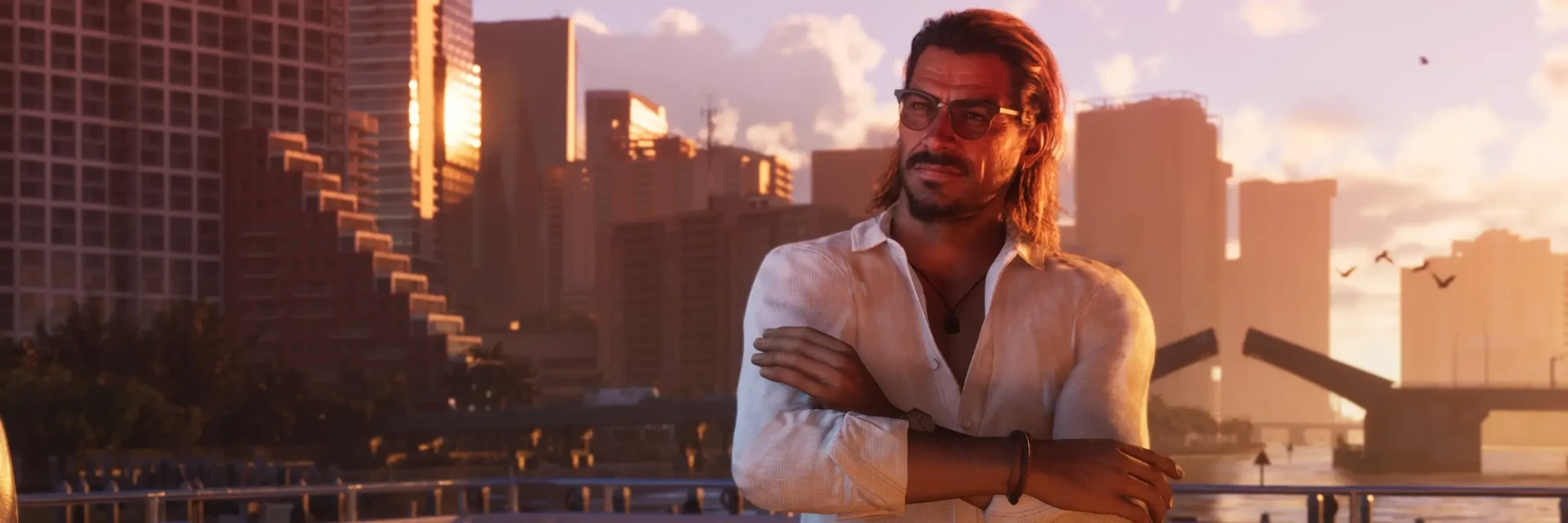 Personnage face à la skyline de Vice City au coucher du soleil dans GTA6