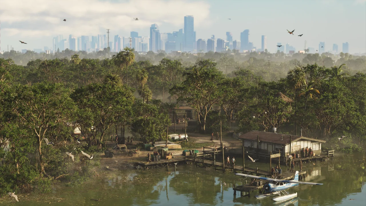 Un hameau sur pilotis au bord des marais de Grassrivers, avec la skyline de Vice City au loin