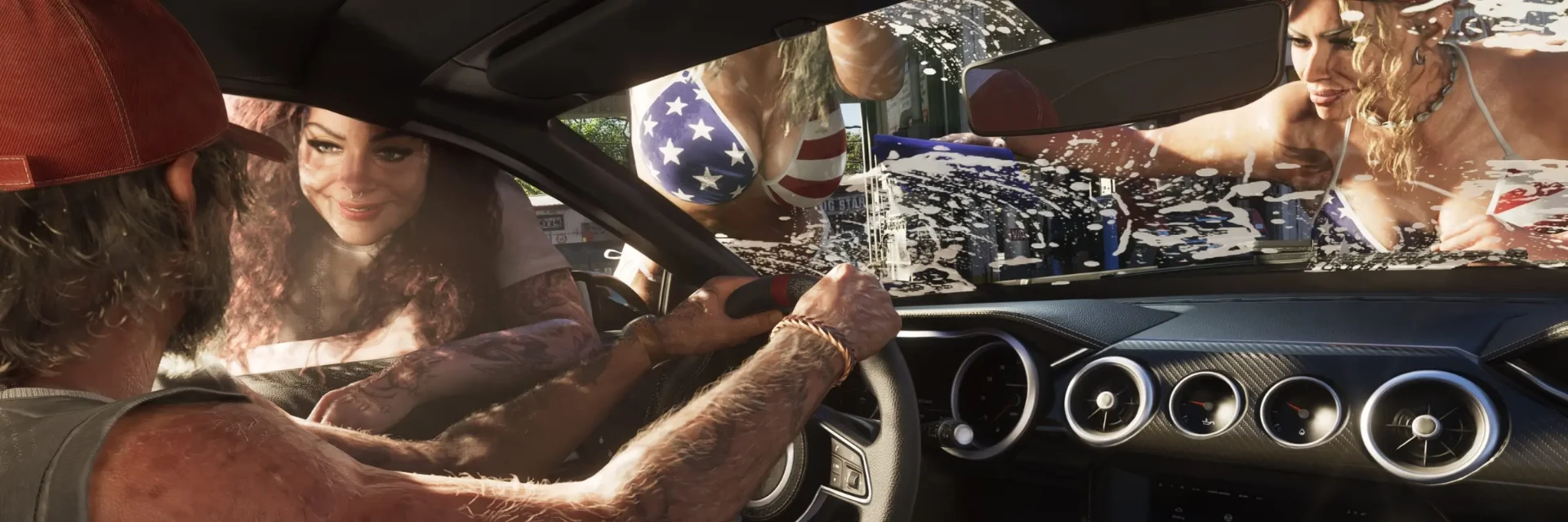 Lavage de voiture à Vice City vu depuis l'habitacle dans GTA6