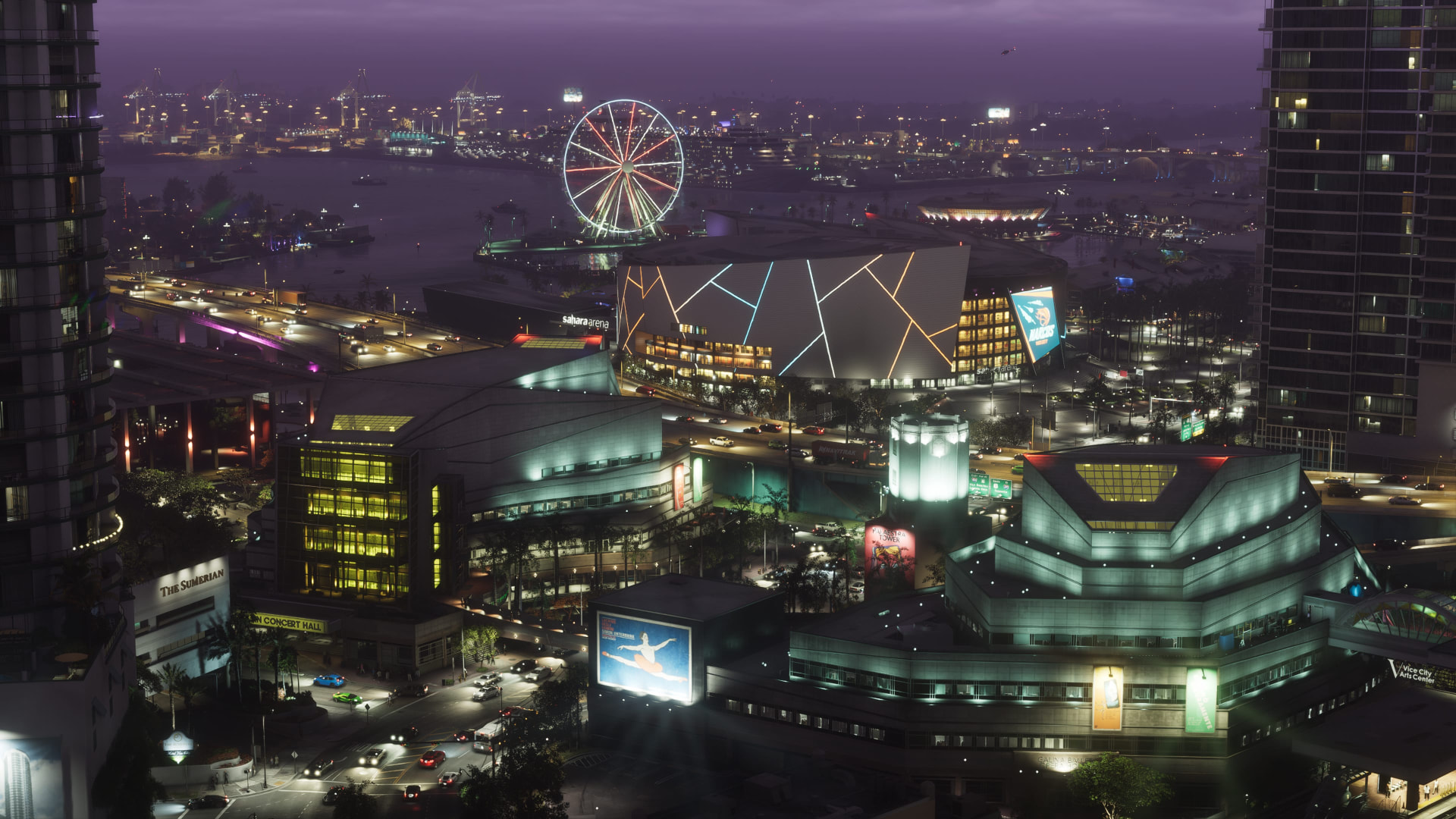Centre-ville de Vice City au crépuscule