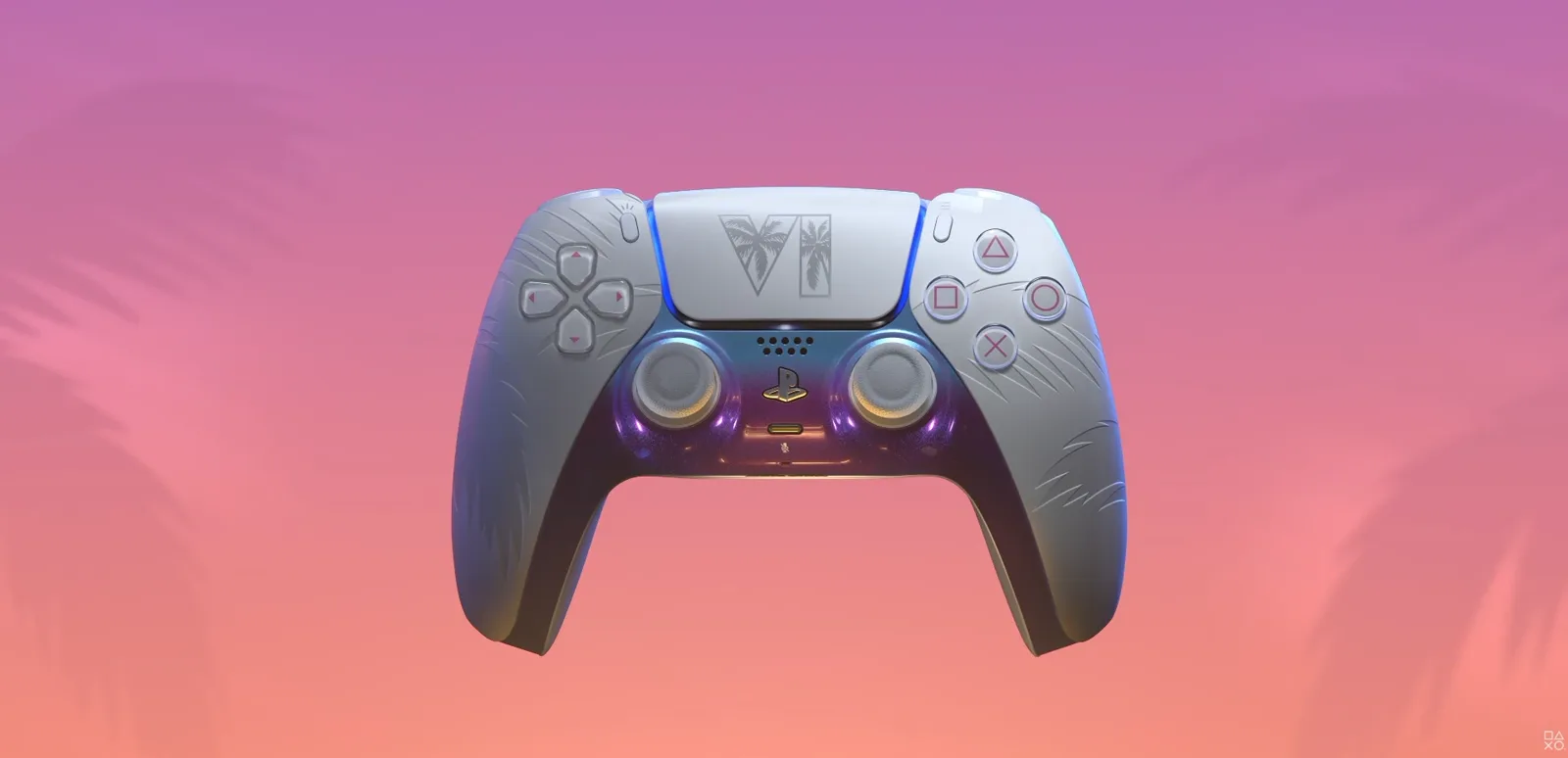 Manette DualSense GTA 6 édition limitée blanche vue de face sur fond dégradé rose et orange