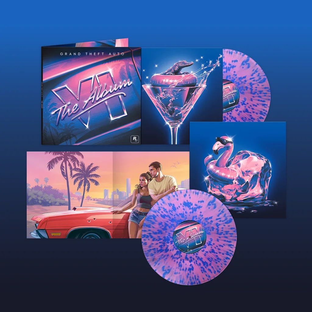 Édition vinyle standard de GTA 6: The Album, avec deux disques magenta et bleus