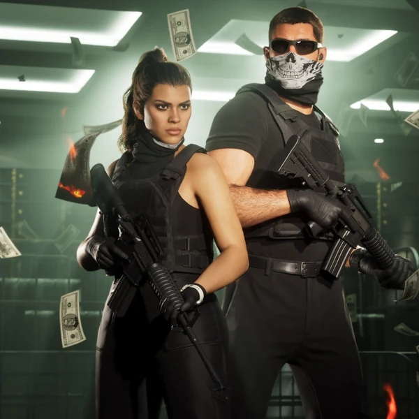 Jason et Lucia en tenue de braquage dans Grand Theft Auto VI