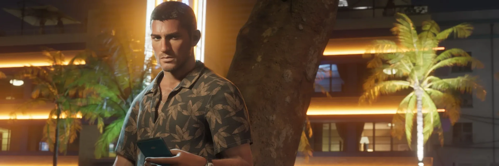 Personnage consultant son téléphone la nuit à Vice City dans GTA6