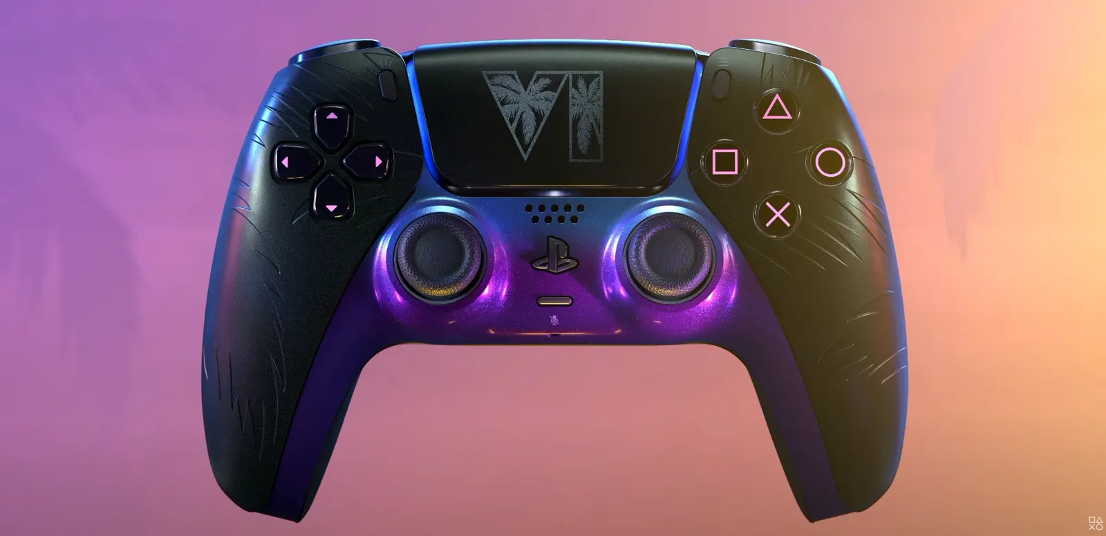 Manette DualSense GTA 6 édition limitée noire vue de face avec ses symboles roses