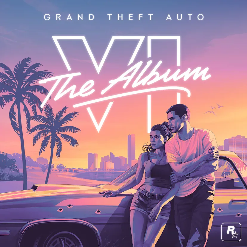 Pochette officielle de Grand Theft Auto VI: The Album avec Jason et Lucia à Vice City
