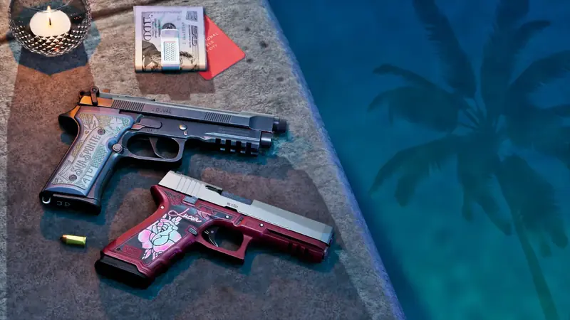 Deux pistolets personnalisés au bord d'une piscine dans GTA6